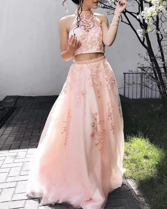 Two Piece Embroidery High Neck Lace Prom Dresses